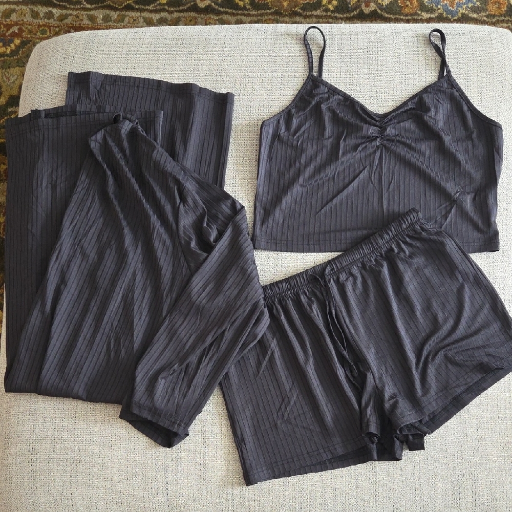 Women's Black Ribbed 3-Piece Sleep Set - Camisole, Shorts & Pants